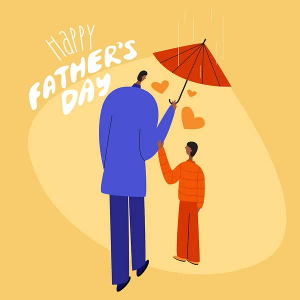 Stock vector The landing website page with dad, son, daughter under umbrella and lettering HAPPY FATHERS DAY. This is vector illustration was made in hand drawn flat design art