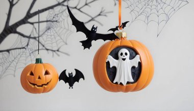 Cadılar Bayramı 'nın beyaz arka planını anan üç boyutlu balkabağı çiziminin vektör karakteri. Cadılar bayramı için uygun ve cadılar bayramı süsü olarak kullanılır..