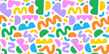 Eğlenceli renkli karalamalar, kusursuz desenler. Çocuklar için yaratıcı minimalist tarz sanat arka planı veya geometrik şekilli moda tasarımı. Basit çocuksu arkaplan.