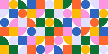 Yaratıcı soyut şekillere sahip renkli geometrik kusursuz desenli çizimler. Modern İskandinav tarzı arka plan baskısı. Modaya uygun parlak semboller ve minimalist şekil dokusu, geometri kolajı.