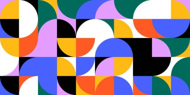 Yaratıcı soyut şekillere sahip renkli geometrik kusursuz desenli çizimler. Modern İskandinav tarzı arka plan baskısı. Modaya uygun parlak semboller ve minimalist şekil dokusu, geometri kolajı.