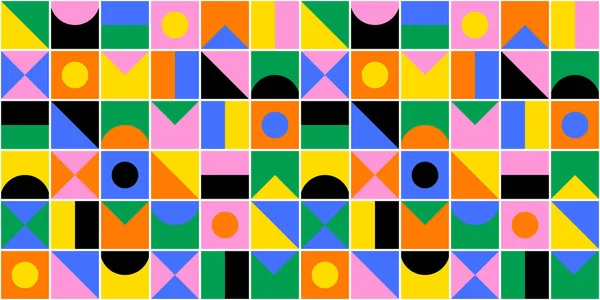 色彩斑斓的几何图形拼图 时尚的斯堪的纳维亚风格无缝图案 有趣的形状 创意几何概念设计 — 图库矢量图片