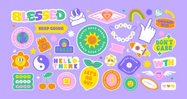 Colorful retro cartoon label shape set. Collection of trendy vintage y2k sticker shapes. Funny soft pastel color quote sign bundle. Cute children icon, fun patch illustrations. clipart