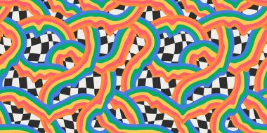 Kareli izli, erimiş gökkuşağı pürüzsüz deseni. Klasik psikedelik dalga karikatür arkaplanı. Moda y2k duvar kağıdı illüstrasyonu.