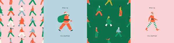 Joyeux Noël Carte Voeux Illustration Ensemble Diverses Personnes Foule Marche — Image vectorielle