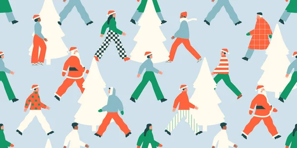 Vielfältige Weihnachtsmenschen Drängen Sich Und Gehen Nahtlos Ineinander Über Moderne — Stockvektor