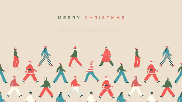 Frohe Weihnachten Web Vorlage Illustration Von Verschiedenen Menschen Zusammen Gehen — Stockvektor