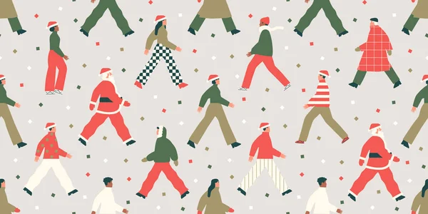 Vielfältige Weihnachtsmenschen Drängen Sich Und Gehen Nahtlos Ineinander Über Moderne — Stockvektor
