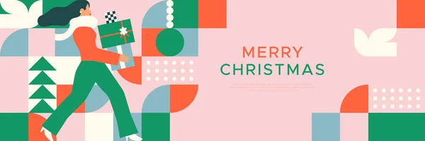 Frohe Weihnachten Web Banner Vorlage Illustration Der Frau Tragen Geschenk — Stockvektor
