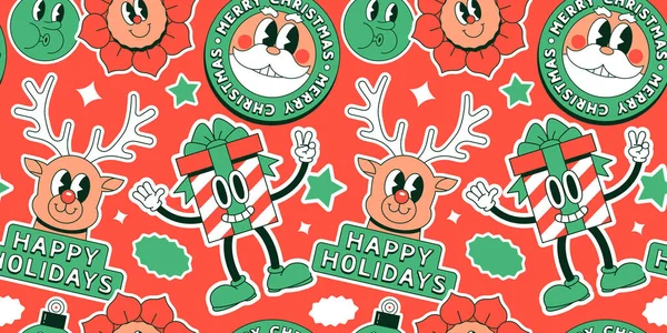 Lustige Vintage Christmas Cartoon Charakter Etikett Nahtlose Musterillustration Retro Aufkleber — Stockvektor