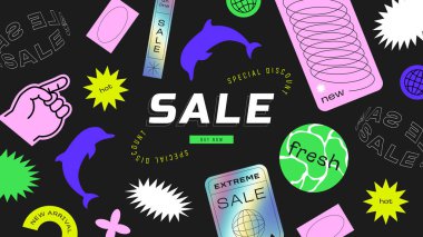 Web sale background template for trendy business discount. Retro 90s abstract art label for store discount, online promotion or social media post. Fun y2k style graphic element landing page.