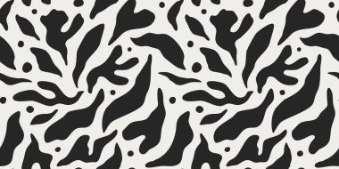 Abstract black and white leaf shape seamless pattern. Trendy contemporary nature art cutout background illustration. Natural organic plant leaves artwork wallpaper print. Vintage summer texture.