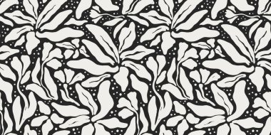 Abstract black and white flower art seamless pattern. Trendy contemporary floral nature shape background illustration. Natural organic plant leaves artwork wallpaper print. Vintage spring texture.