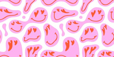 Vintage cartoon sticker label seamless pattern. Retro 90s smiley icon tag background texture. Trendy funny quote sign wallpaper print.