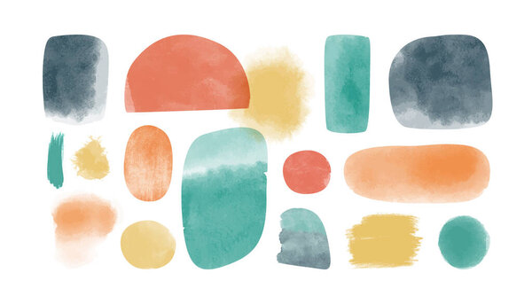 Abstract colorful watercolor painting shape set. Modern minimalist acrylic paint artwork collection. Handmade geometric shapes drawing bundle, creative brush texture.