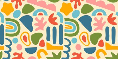 Soyut matisse rengarenk el yazması karalamalarla kusursuz bir desen oluşturdu. Organik düz çizgi film arkaplanı, parlak çocuksu renklerde basit rastgele şekiller.