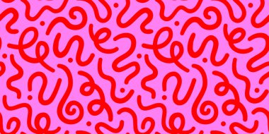 Fun pink line doodle seamless pattern. Creative abstract squiggle style drawing background for children or trendy design with basic shapes. Simple childish color scribble wallpaper print.