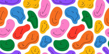 Diverse colorful people melting faces seamless pattern illustration. Multi color happy cartoon characters in funny children doodle style. Friendly community or kid group smiling background print.