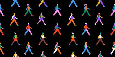 Diverse colorful people group walking together seamless pattern illustration. Rainbow color character crowd background for friendship or team work concept. Different ethnic culture wallpaper texture.