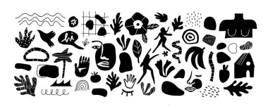 İzole edilmiş arka planda siyah beyaz karalama seti, soyut doğa simgeleri. Büyük bir yaz koleksiyonu, alışılmadık organik şekiller serbest sanat tarzında. İnsanlar, çiçek sanatı dahil..