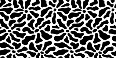 Siyah ve beyaz desensiz desen çizimi. Çocuk stili çiçek karalama arka planı, komik temel doğa şekilleri duvar kağıdı..