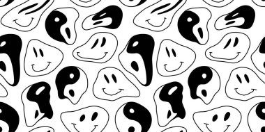 Eriyen yin yang sembolü siyah ve beyaz pürüzsüz desen. Retro saykodelik ilaç etkisi yoga ikonunun arka plan dokusunu eritti. Moda karalama duvar kağıdı.