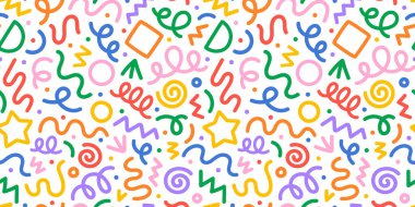 Eğlenceli renkli çizgiler, dikişsiz çizgiler. Çocuklar için yaratıcı minimalist tarz sanat geçmişi ya da temel şekilli moda tasarımı. Basit parti konfeti dokusu, çocuksu karalama şekli arkaplan.