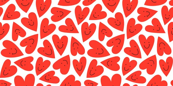 Červená Láska Srdce Bezproblémové Vzor Ilustrace Legrační Usmívající Tvář Doodle — Stockový vektor