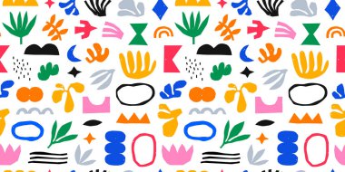 Renkli geometrik karalamalarla, soyut organik şekilli, kusursuz desen. Düz çizgi film arkaplanı, basit rastgele şekiller doku izi. Parlak yaz doğası duvar kağıdı çiziyor..