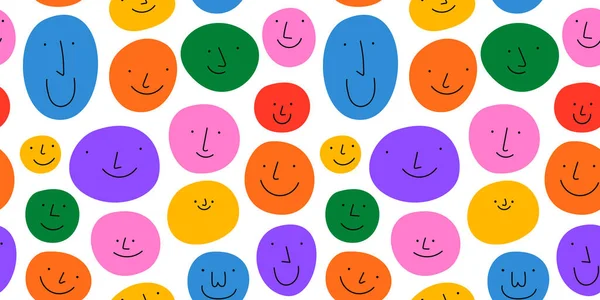 五彩斑斓的人们面对无缝的图解 多色快乐的卡通人物在滑稽的儿童涂鸦风格 友善社区或儿童团体微笑背景印刷品 — 图库矢量图片