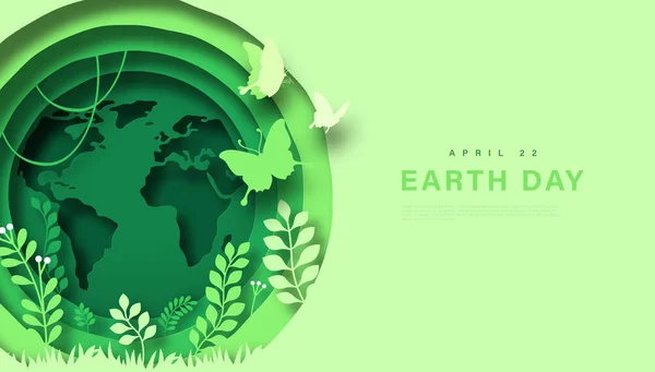 4月22日の地球の日は ウェブテンプレートのイラストを切りました 緑の紙の惑星の中に自然環境と 世界地図 植物の葉と蝶の現代的な3Dカットアウトデザインコンセプト — ストックベクタ