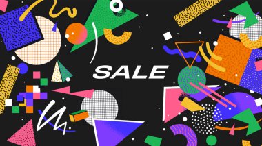 Moda iş indirimi için internet satışı şablonu. Mağaza indirimi, çevrimiçi tanıtım ya da sosyal medya paylaşımı için Retro 90 'ların afişi. Klasik geometrik biçim biçimi grafik ögesi iniş sayfası.