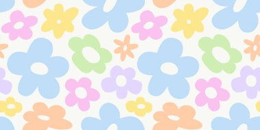 Trendy floral seamless pattern illustration. Vintage 70s style hippie flower background design. Colorful pastel color groovy artwork, y2k nature backdrop with daisy flowers.