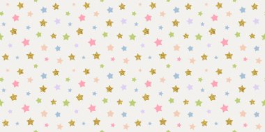 Sevimli renkli geçmişe dönük yıldız, üzerinde altın parıltısı etiketi olan pürüzsüz bir desen çizimi. Moda 90 'lar tarzı arka plan tasarımı. Klasik y2k duvar kağıdı baskısı.