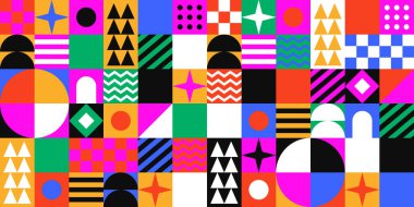 Yaratıcı soyut şekillere sahip renkli geometrik kusursuz desenli çizimler. Modern İskandinav tarzı arka plan baskısı. Modaya uygun parlak semboller ve minimalist şekil dokusu, geometri kolajı.