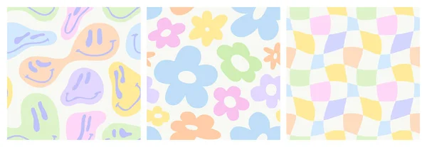 Set of retro vintage print illustration in trendy 90s art style. Soft pastel color seamless pattern collection with cute sticker decoration and trippy psychedelic cartoon. Social media post bundle.