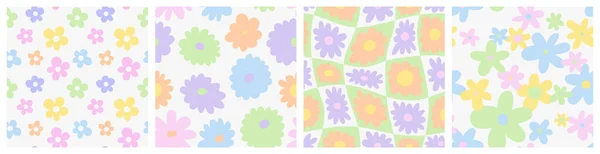 トレンドの花シームレスなパターンイラストセット ヴィンテージスタイルのヒッピーの花の背景デザインコレクション カラフルなパステルカラーのグルービーアートワーク デイジーの花とY2K自然背景 — ストックベクタ