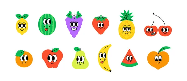 Set Pegatina Fruta Feliz Moda Estilo Dibujos Animados Vintage Frutas — Archivo Imágenes Vectoriales