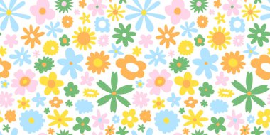 Renkli retro çiçek tarhı pürüzsüz desen. Klasik İskandinav sanat tarzı çiçek arkaplan baskısı. Bahar doğası duvar kağıdı dokusu, güzel çizgi film arka planı..