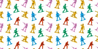 Retro oyuncak asker kusursuz desenli çizimler çizer. Renkli 90 'lar tarzı yeşil asker geçmişi nostalji konsepti veya çocuk oyunu baskısı için.