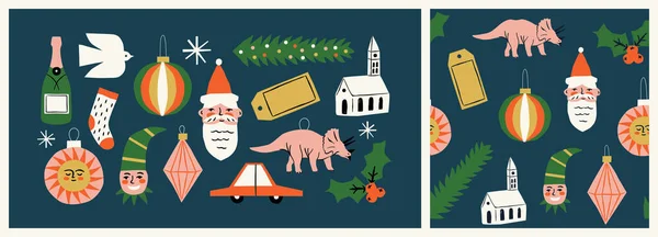 有趣的圣诞无缝图案卡通集 离奇的圣诞假期图片集 番石榴 松树和冬青饰品的平面复古风格画图 — 图库矢量图片