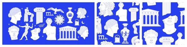 stock vector Set of ancient greek statue and classic vintage monument shapes pattern in blue color. Greece culture antique illustration collection. Historical flat cartoon drawing bundle.