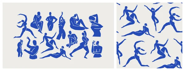 Abstrato Azul Mulheres Sem Costura Padrão Definido Antecedentes Ilustração Figuras — Vetor de Stock