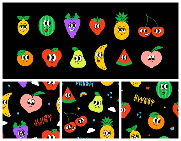 Set Von Trendigen Happy Fruit Nahtlose Muster Vintage Cartoon Stil — Stockvektor