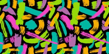 Renkli soyut fırça darbesi kusursuz desen çizimi. 80 'lerin popüler sanat renginde modern boya çizgisi arka planı. Dağınık duvar yazıları, duvar kâğıdı baskıları, el yazısı çizimleri..