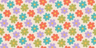 Renkli çiçek desensiz desen çizimi. Klasik çiçek arkaplan tasarımı. Retro pastel renkler, bahar sanat eserleri, 70 'lerin modası gibi doğa arkaplanı, hippi çiçekleri..