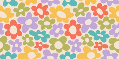 Renkli çiçek desensiz desen çizimi. Klasik çiçek arkaplan tasarımı. Retro pastel renkler, bahar sanat eserleri, 70 'lerin modası gibi doğa arkaplanı, hippi çiçekleri..