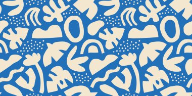 Renkli el yazısı karalamaları olan soyut organik şekilli, pürüzsüz desen. Organik düz çizgi film arkaplanı, mavi renkli basit rastgele şekiller..