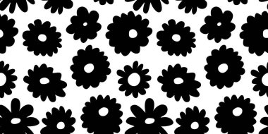 Black and white floral seamless pattern illustration. Vintage 70s style hippie flower background design. Y2k nature backdrop with daisy flowers.