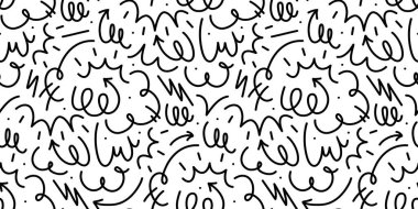 Fun black and white line doodle seamless pattern. Creative abstract squiggle style drawing background for children or trendy design with basic shapes. Simple childish scribble wallpaper print.